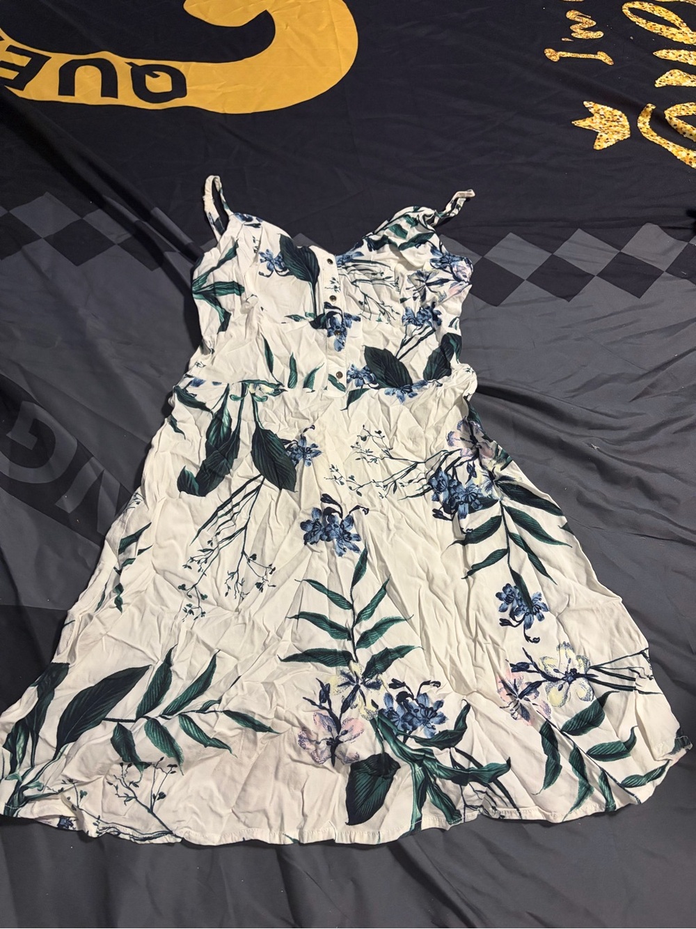 Dynamite White Midi Dress with Green Leaves and Blue Floral Print